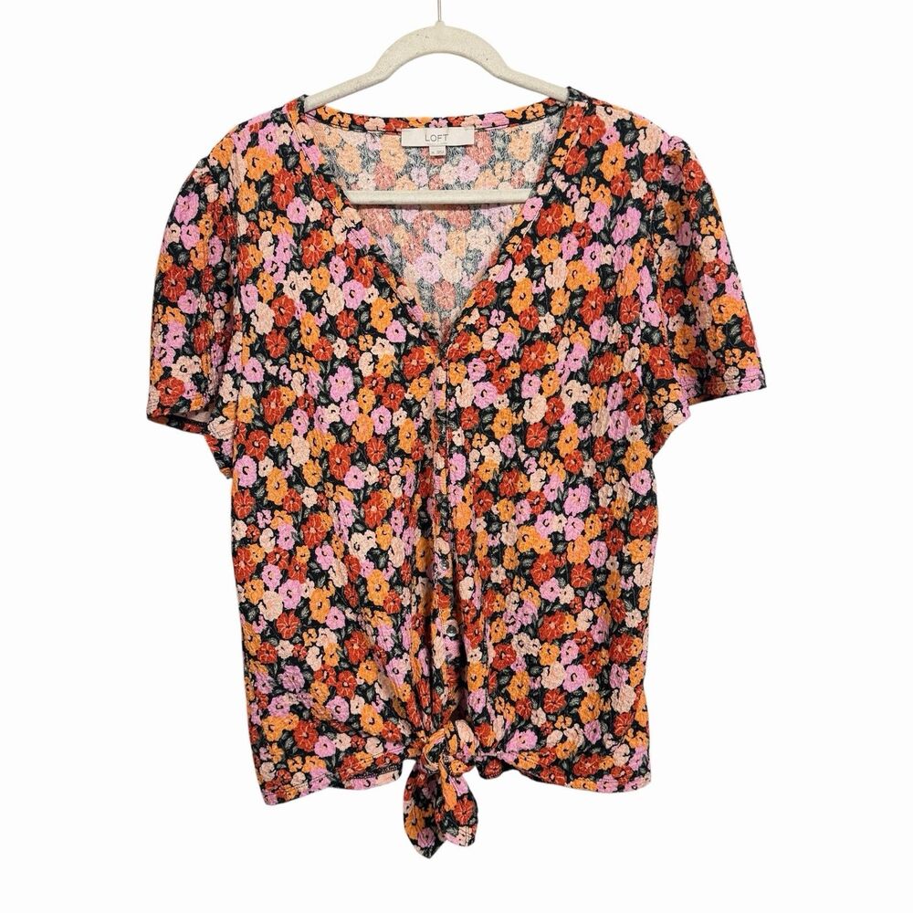 Ann Taylor Loft Womens Sz XL Textured Tie Front Floral Short Sleeve Top Stretch